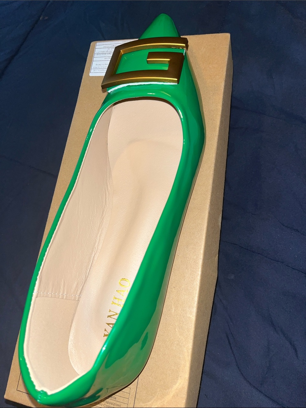 YanYan Green Patent Pointed Toe Flat with Gold Buckle